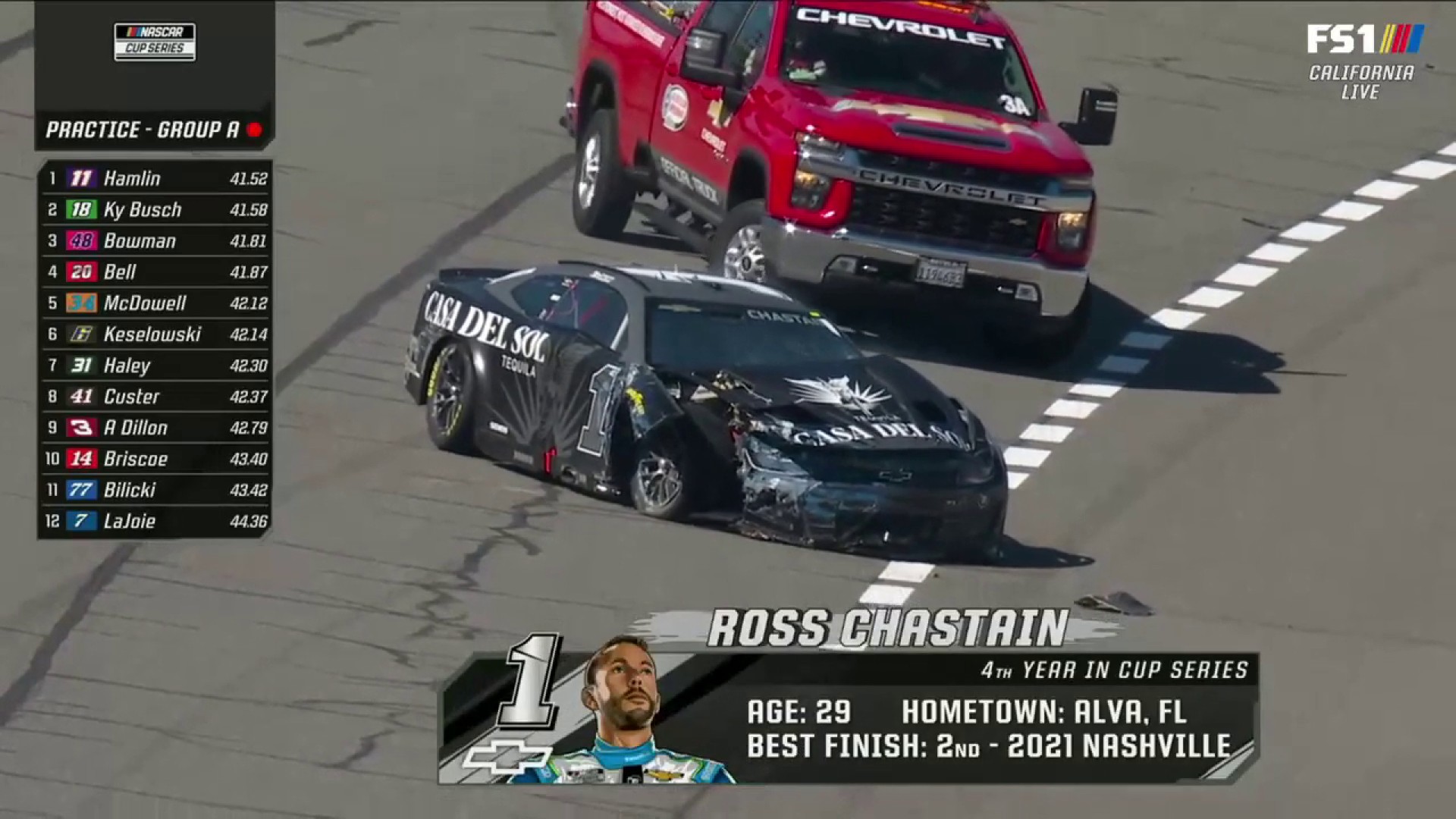 Ross Chastain crash auto club speedway 2022 nascar cup series practice