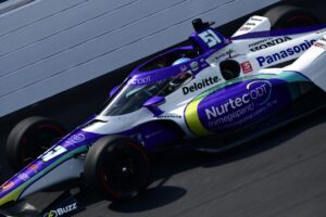 Takuma Sato pilots the No. 51 Dale Coyne Racing with RWR Honda down the front stretch at the Indianapolis Motor Speedway.