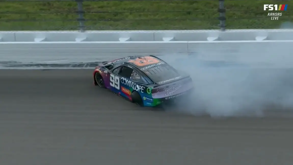 Daniel Suarez spin Kansas Speedway cut tire left rear 2022 video NASCAR news
