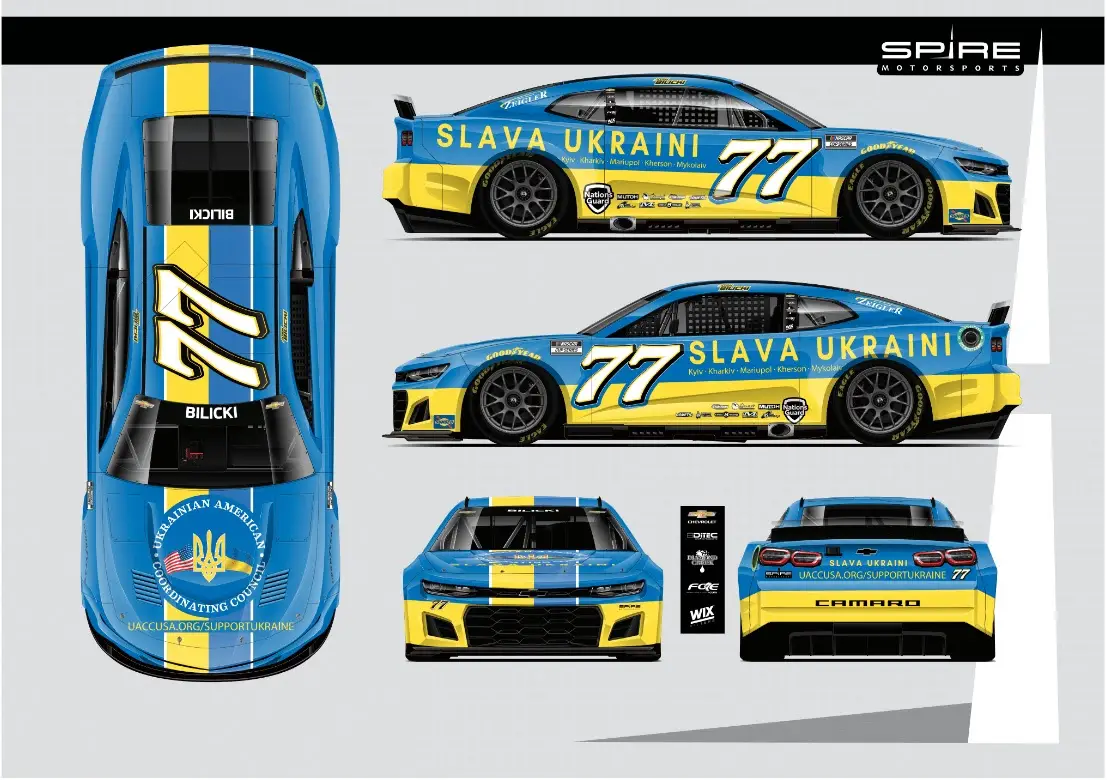 Josh Bilicki Ukraine paint scheme 2022 NASCAR Cup Series Kansas