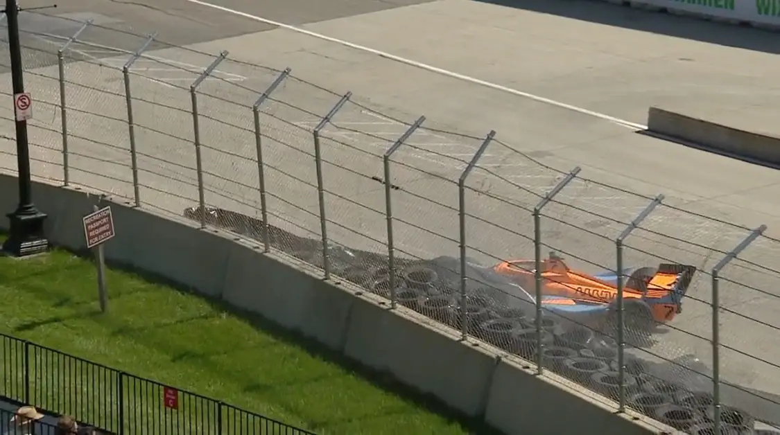 Felix Rosenqvist into the tire barriers from the Raceway at Belle Isle Park.