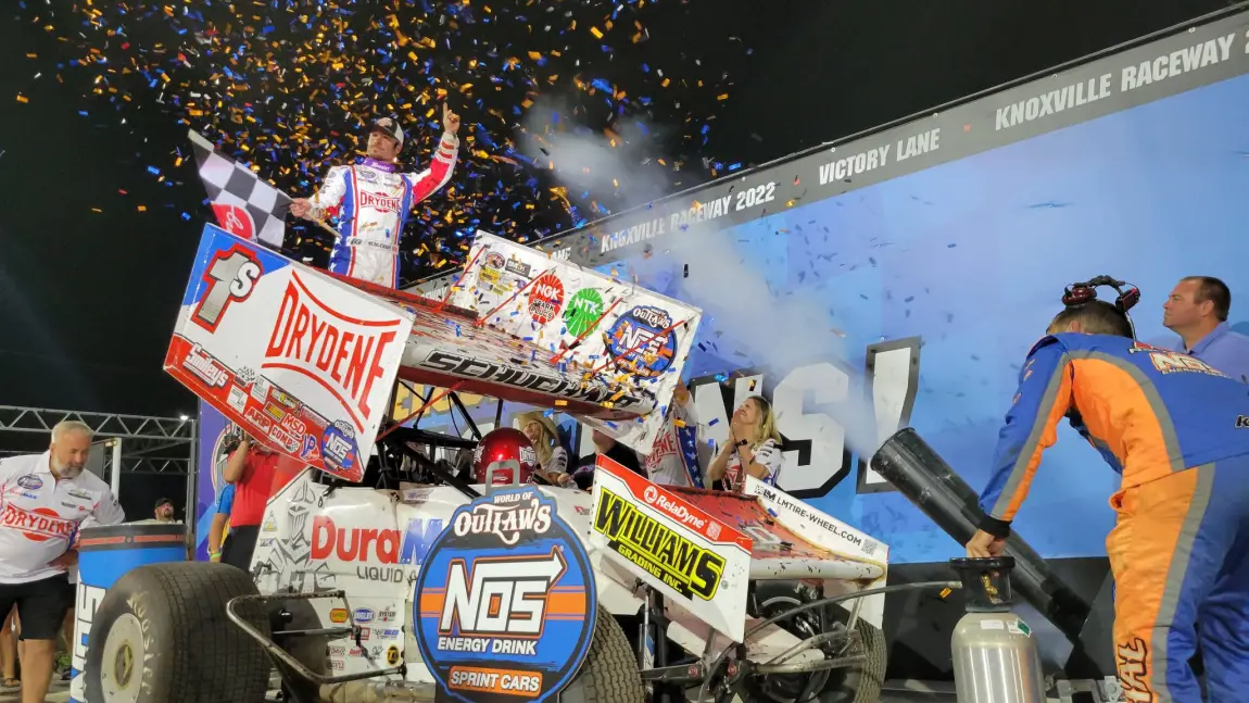 Logan Schuchart Celebrates a Wednesday night feature win at the 2022 Knoxville Nationals.