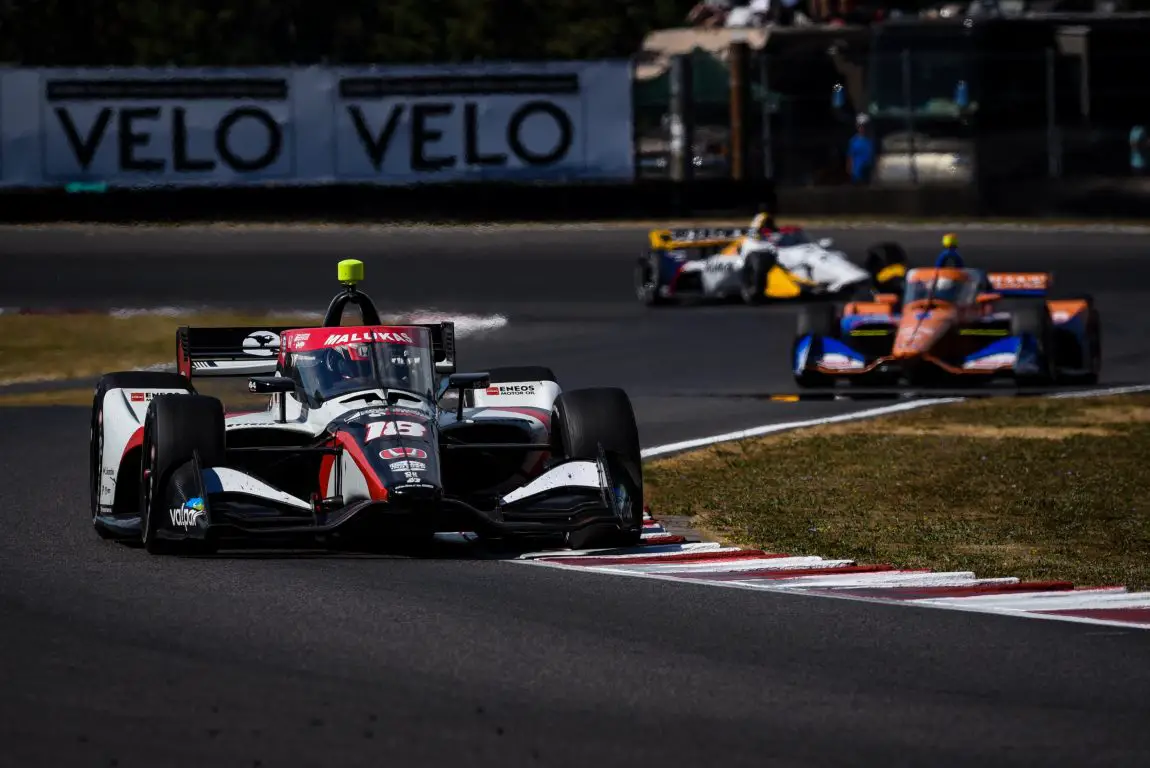 David Malukas in front of Marcus Ericsson and Christian Lundgaard at the 2022 Grand Prix of Portland.