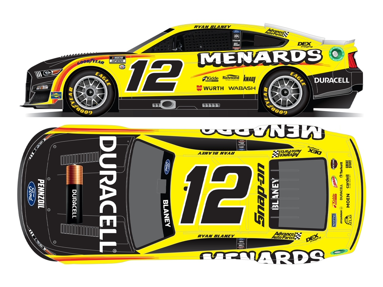 2023 Ryan Blaney Team Penske Menards Duracell Paint Scheme NASCAR Cup Series No. 12 car