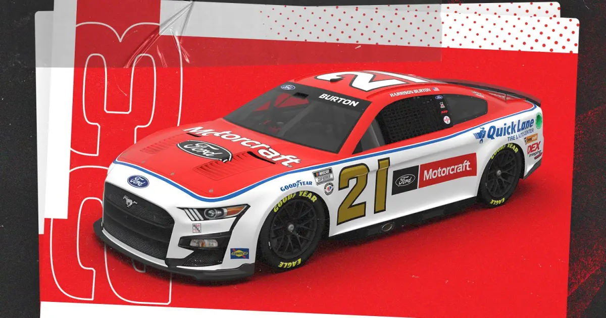2023 Wood Brothers Racing Motorcraft QuickLane paint scheme Harrison Burton NASCAR Cup Series
