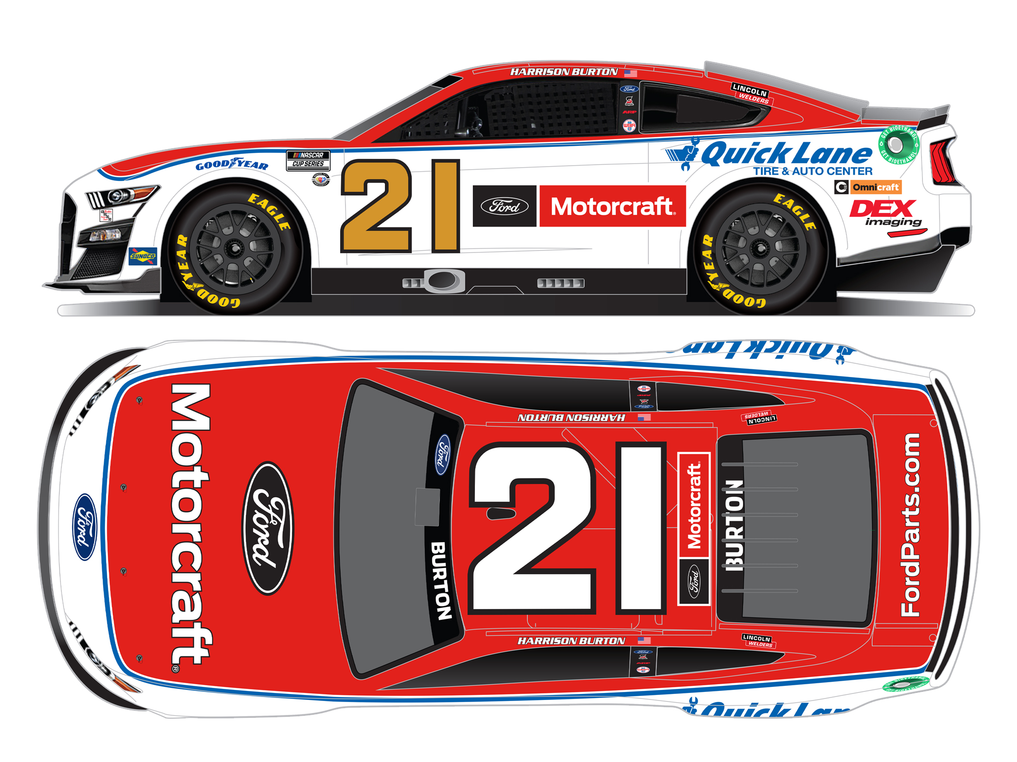 2023 Wood Brothers Racing paint schemes Harrison Burton Motorcraft / Quick Lane NASCAR Cup Series
