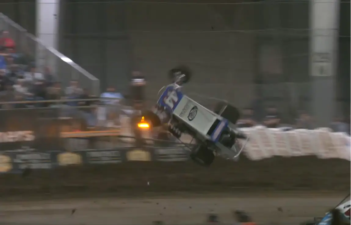 Colton Hardy has a large flip in Tuesday night's first B-Main at the Chili Bowl.