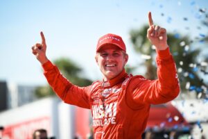 Marcus Ericsson celebrates his win at the 2023 Firestone Grand Prix of St. Petersburg.