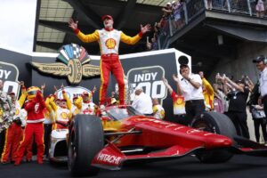 Josef Newgarden celebrates his win in the 107th Indianapolis 500.
