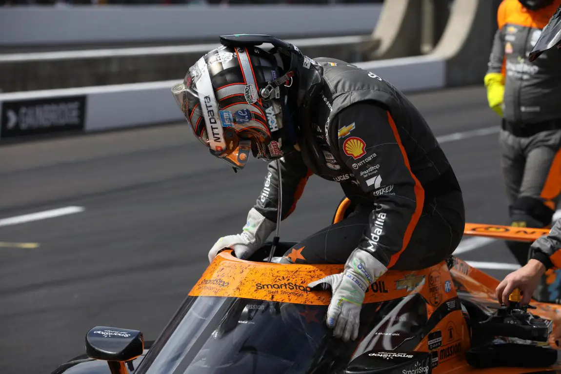 Tony Kanaan climbs from the No. 66 Arrow McLaren Chevrolet after finishing 16th in the 2023 Indianapolis 500 to close his open wheel racing career.
