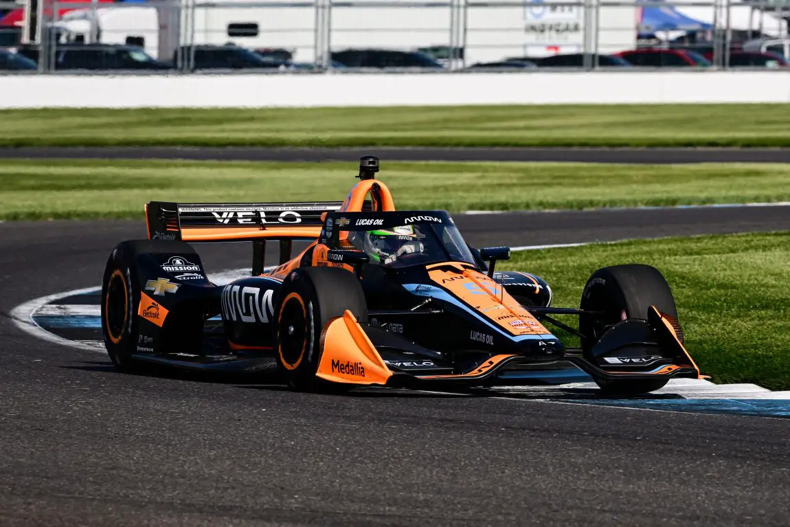 Pato O'Ward practices at the Indianapolis Motor Speedway road course ahead of the 2023 GMR Grand Prix.