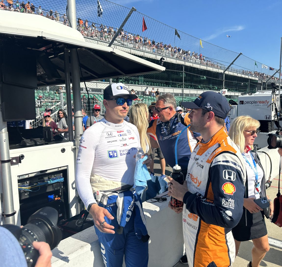 Jack Harvey and Graham Rahal share a moment on pit road after Harvey bumped Rahal from the 2023 Indianapolis 500 field.