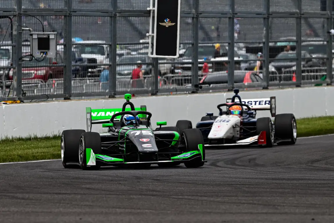 Matteo Nannini leads Louis Foster in the Indy NXT race at the Indianapolis Motor Speedway road course.