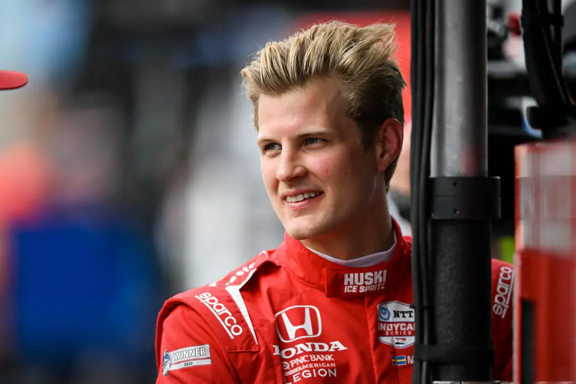 Marcus Ericsson out of the car during practice for the 2023 Indianapolis 500.