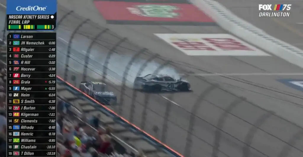 Kyle Larson John Hunter Nemechek video finish Darlington Xfinity race video 2023