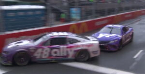 Alex Bowman Denny Hamlin incident Turn 11 Lap 41 Chicago Street Race video 2023