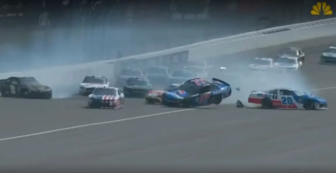 Carson Hocevar flip Michigan Video John Hunter Nemechek Ty Gibbs crash video NASCAR Xfinity Michigan