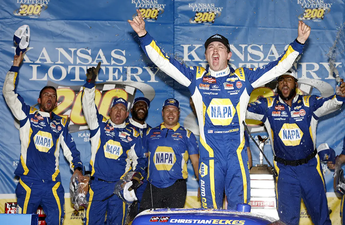 Christian Eckes Kansas Speedway win post-race inspection report Who won the Kansas Lottery 200?