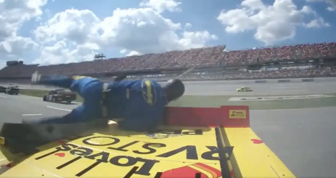Charles Plank pit road hit by Zane Smith truck Talladega 2023 video