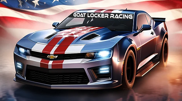 Goat Locker Racing Chevrolet Camaro in front of an American flag