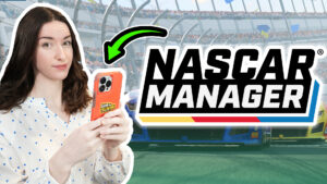 Taylor Kitchen holding an iphone playing the new NASCAR game, NASCR Manager