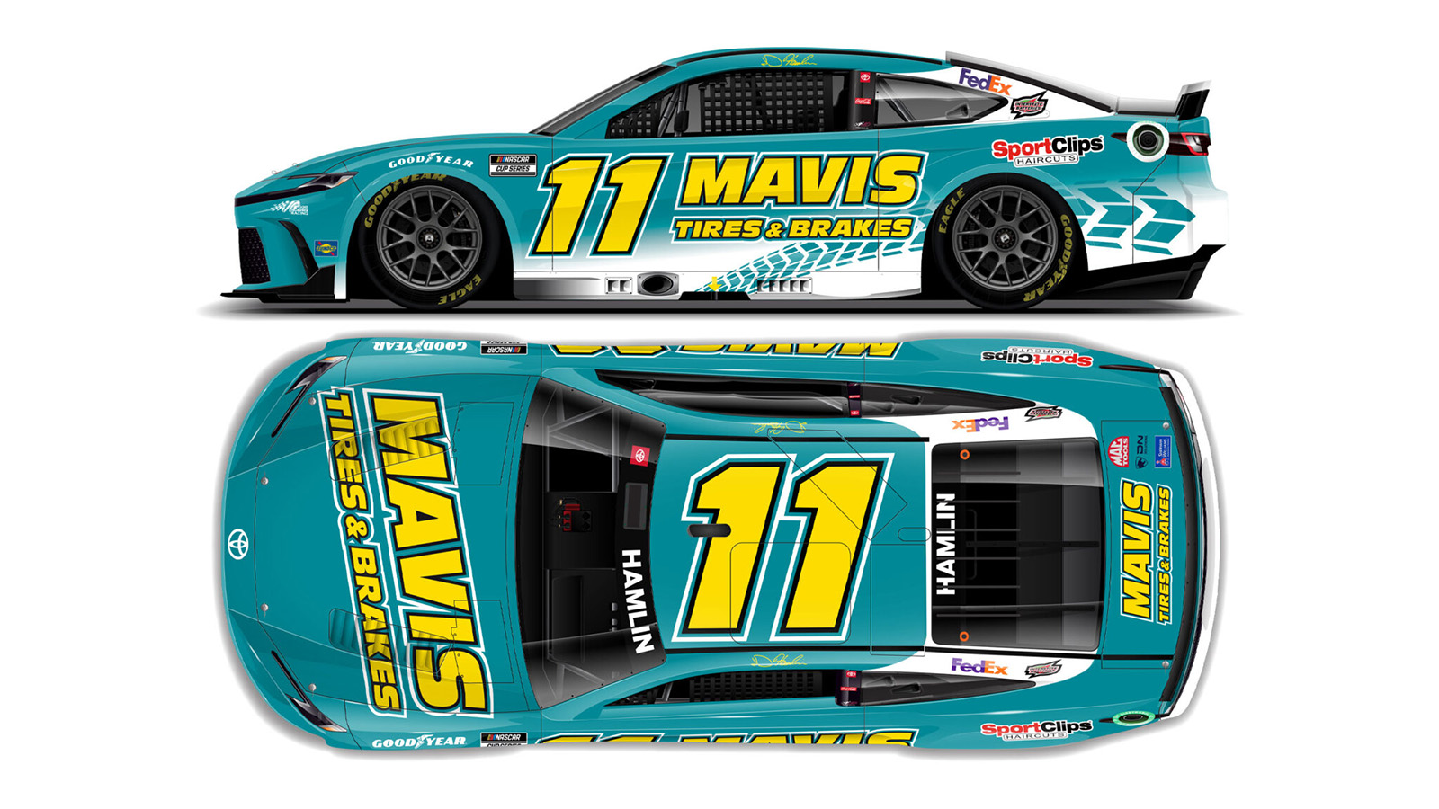 Denny Hamlin Mavis Tires & brakes paint scheme Joe Gibbs Racing 2024 NASCAR Cup Series
