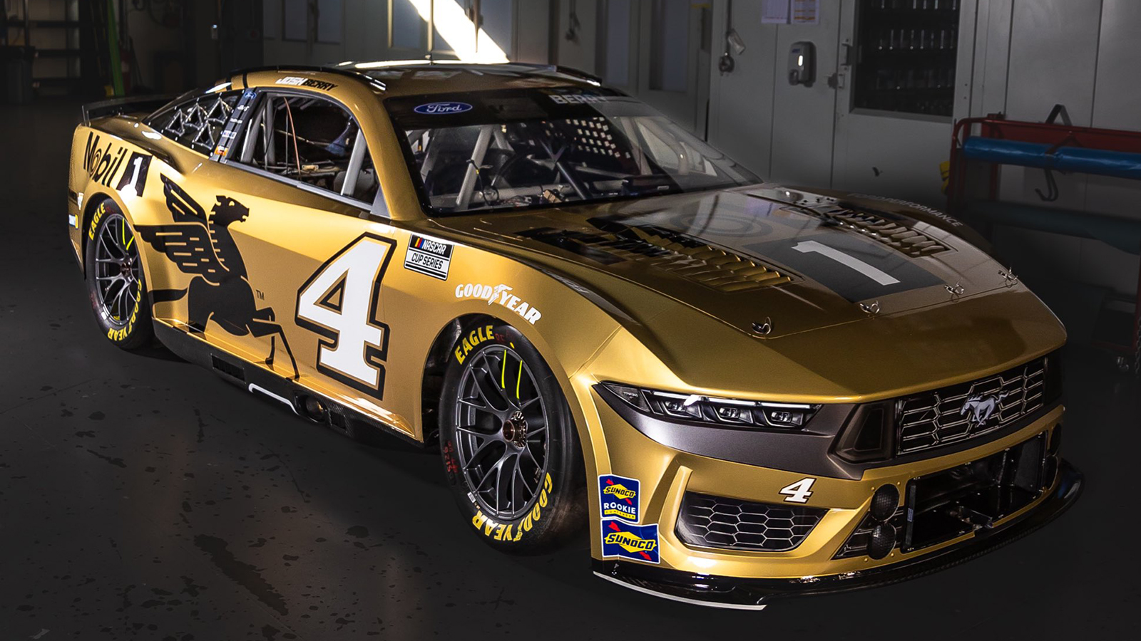 Josh Berry 2024 Mobil 1 50th Anniversary gold paint scheme Stewart-Haas Racing NASCAR Cup Series