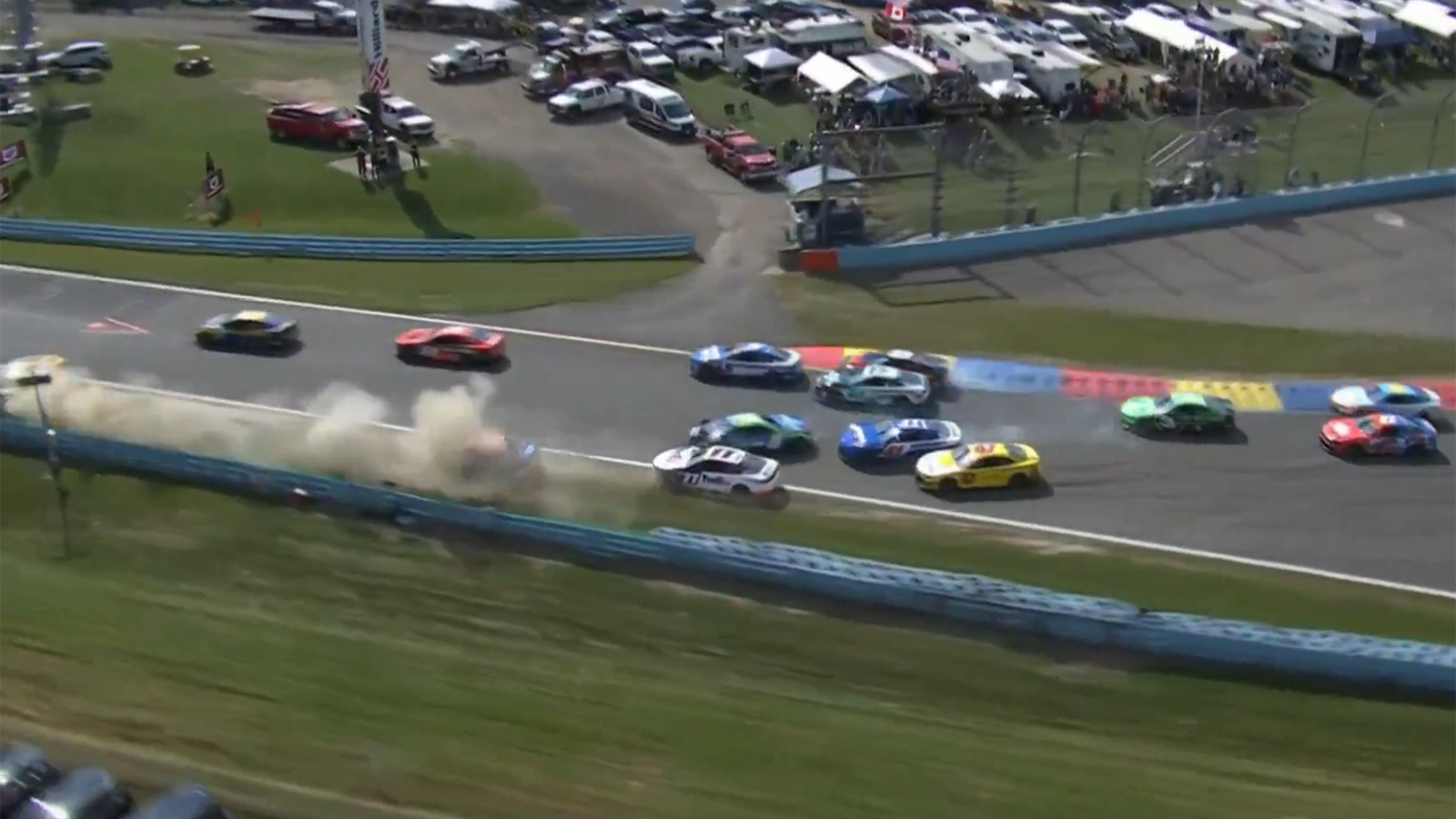 Go Bowling at the Glen crash lap 1 Denny Hamlin Kyle Busch Christopher Bell Ryan Blaney Watkins Glen video