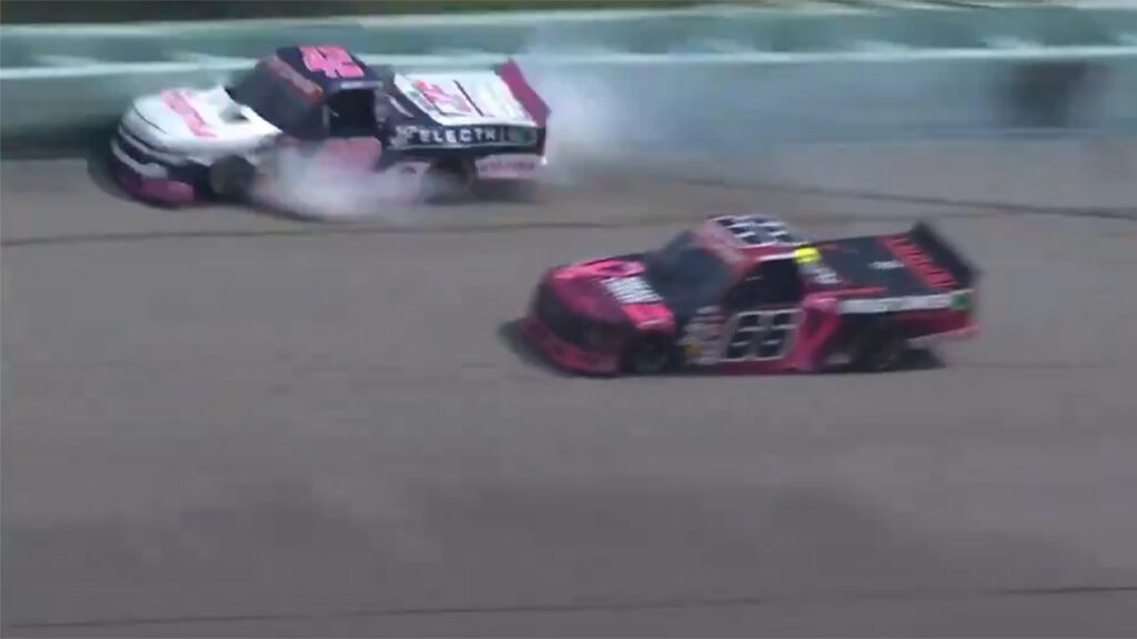 Conner Jones crashes out Matt Mills at Homestead-Miami Speedway Baptist Health 200 video NASCAR Truck Series