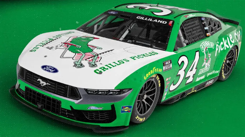 Todd Gilliland 2025 Grillo's Pickles paint scheme No. 34 Front Row Motorsports NASCAR Cup Series