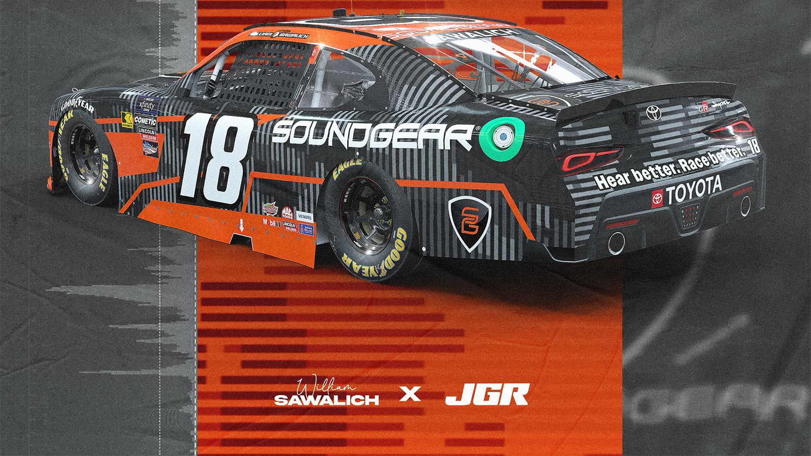 William Sawalich 2025 SoundGear paint scheme Joe Gibbs Racing No. 18 NASCAR Xfinity Series car