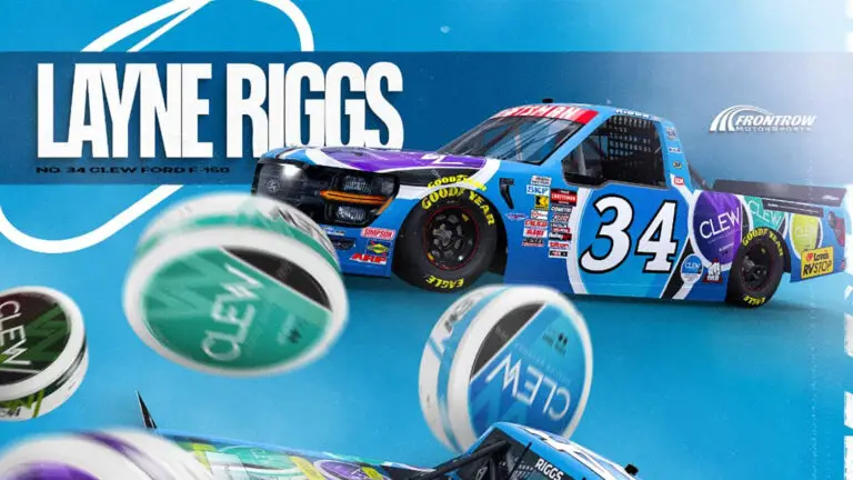 CLEW Nicotine Pouches sponsors Layne Riggs and the No. 34 Front Row Motorsports NASCAR Craftsman Truck Series team in 2025