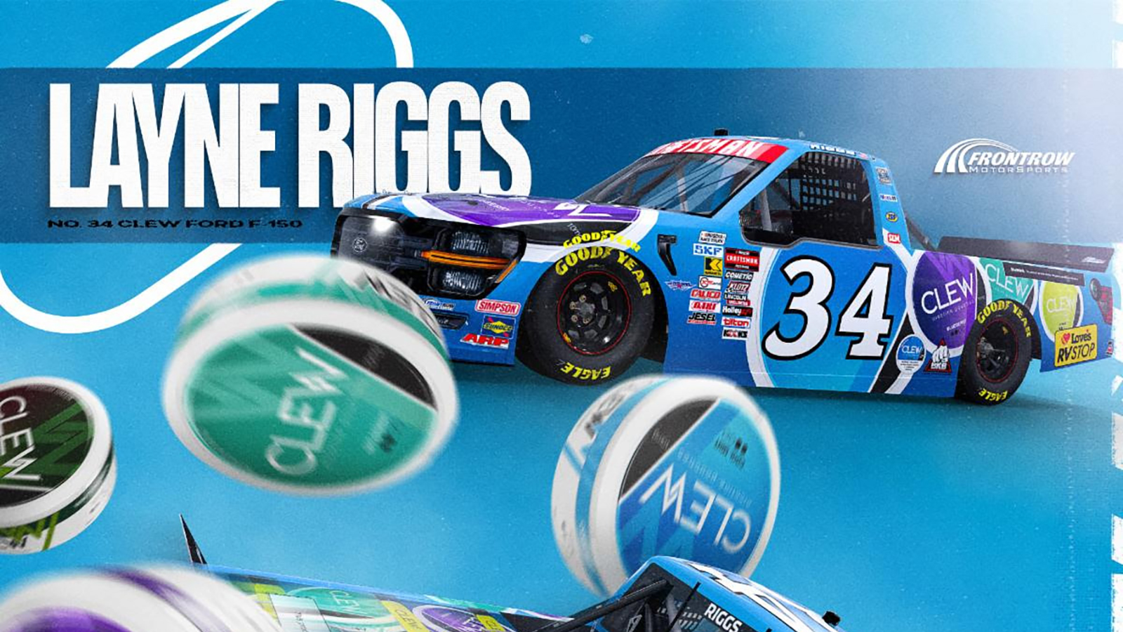 CLEW Nicotine Pouches sponsors Layne Riggs and the No. 34 Front Row Motorsports NASCAR Craftsman Truck Series team in 2025
