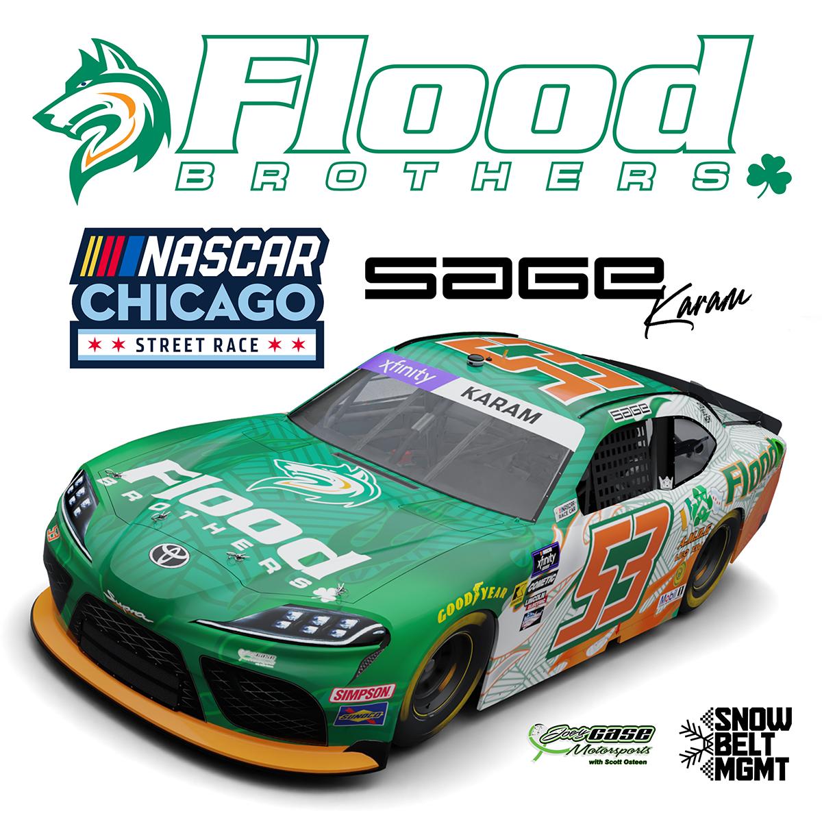Sage Karam 2025 Flood Brothers paint scheme NASCAR Xfinity Series Chicago Street Course