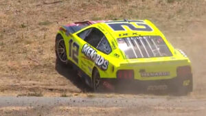Ryan Blaney spin into Turn 1 dirt mound after contact from Chris Buescher Sonoma Raceway video