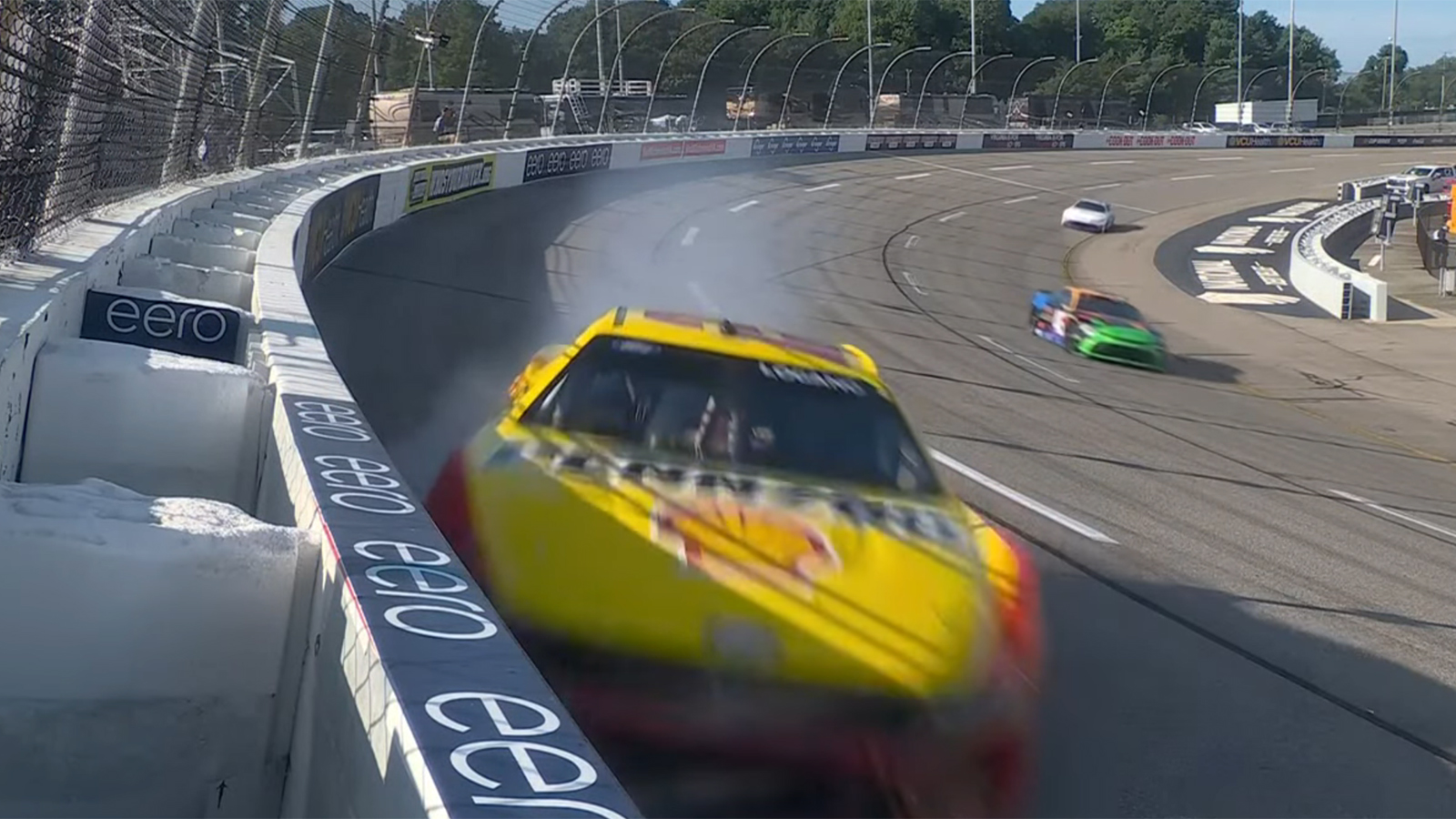 Joey Logano crashes into Turn 4 wall at Richmond in practice after right front tire goes down