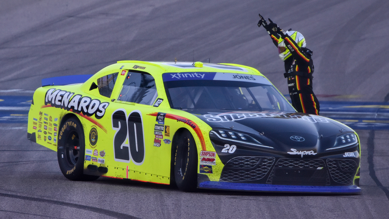 Brandon Jones took the win in Saturday's NASCAR Xfinity Series Kansas Lottery 300 at Kansas Speedway