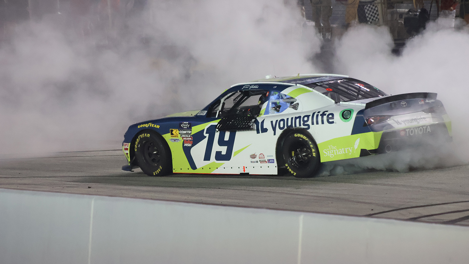 Aric Almirola took the win in Friday night's Food City 300 NASCAR Xfinity Series race at Bristol over Sheldon Creed