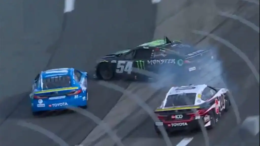 Denny Hamlin crashed Ty Gibbs, his teammate, on Lap 110 of the Mobil 1 301 at New Hampshire