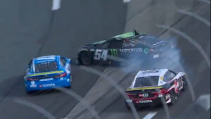 Denny Hamlin crashed Ty Gibbs, his teammate, on Lap 110 of the Mobil 1 301 at New Hampshire