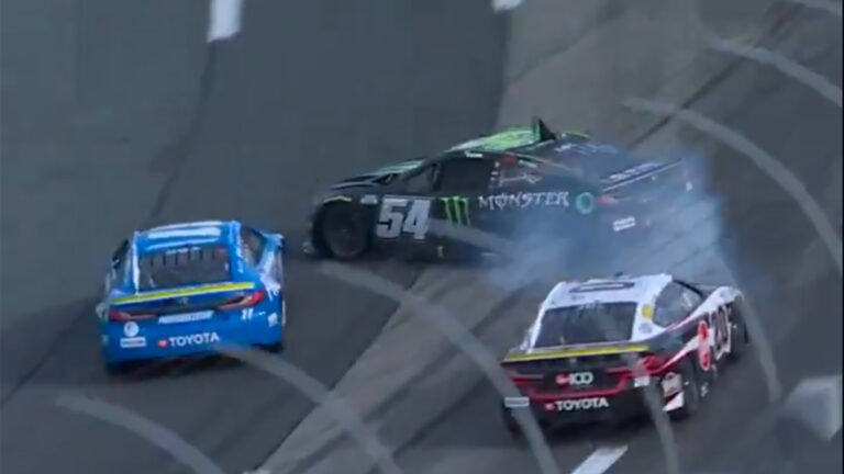 Denny Hamlin crashed Ty Gibbs, his teammate, on Lap 110 of the Mobil 1 301 at New Hampshire