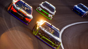 Sam Mayer makes a pass on Carson Kvapil during the Focused Health 302 at Las Vegas Motor Speedway.