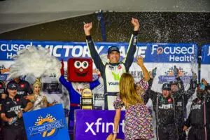Aric Almirola in victory lane following the Focused Health 302 at Las Vegas Motor Speedway
