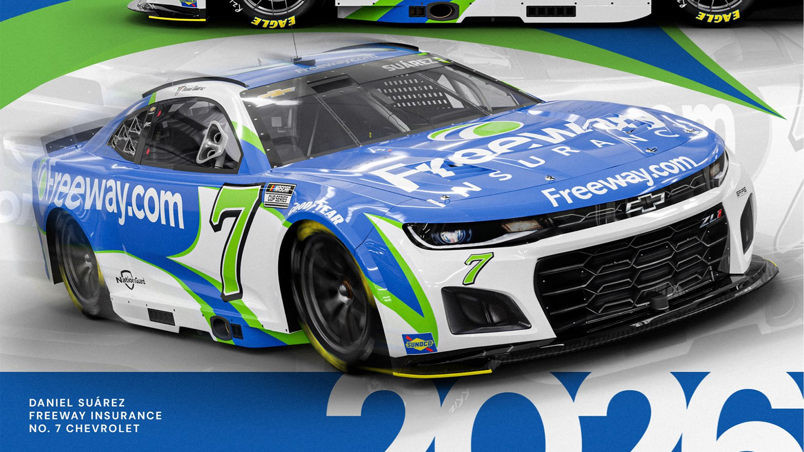 Daniel Suarez 2026 Freeway Insurance paint scheme Spire Motorsports NASCAR Cup Series