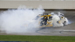 Taylor Gray celebrates a win in the NASCAR O'Reilly Auto Parts Series Kansas Lottery 300.