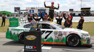 Tristan McKee celebrates a win in the Rockingham 125 ARCA Menards Series East race.