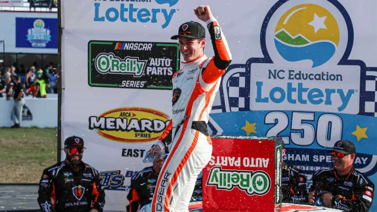 William Sawalich celebrates a win in the NC Education Lottery 250 at Rockingham Speedway.