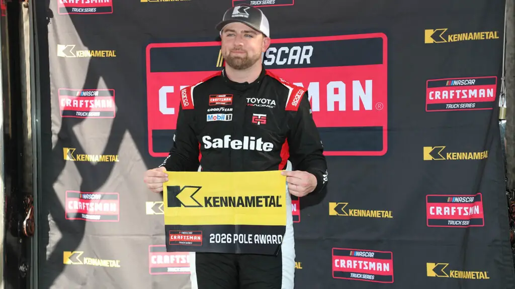 Kaden Honeycutt celebrates winning the pole for the NASCAR Craftsman Truck Series Tennessee Army National Guard 250 at Bristol Motor Speedway