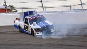 Jonathan Shafer crashes in NASCAR Craftsman Truck Series practice at Rockingham Speedway