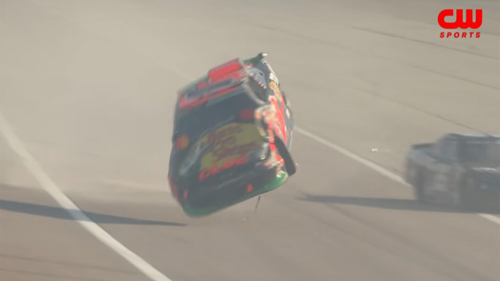 Carson Kvapil flips on Lap 2 of NASCAR O'Reilly Auto Parts Series race at Kansas Speedway.